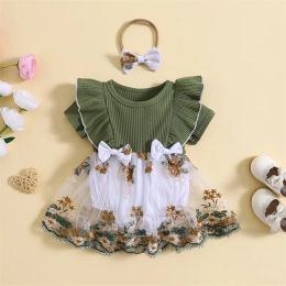 One-Pieces Citgeett Summer Infant Baby Girls Bodysuit Dress Flower Embroidery Knit Rib Ruffles Jumpsuits Jumpsuit Bow Headband Clothes