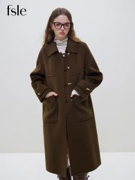 Blends FSLE 100% Wool Polo Neck Horn Button Design Women Raglan Sleeve Brown Long Woollen Jackets Office Lady Navy Blue Winter Wool Coat