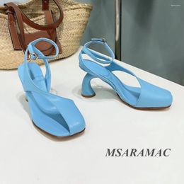 Sandals Novelty Blue Asymmetric Leather Belt Special-shaped Heel Dress Shoes Real Ankle Strap Buckle Summer Woman