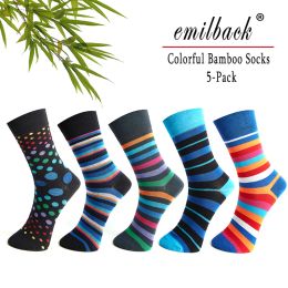 Socks Emilback 5 Prs/lot Colorful Mens Happy Funny Casual Long Bamboo Socks High Quality Very Soft Antibacterial Big Size Breathable