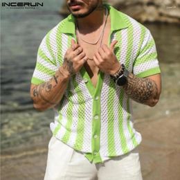 Men's Casual Shirts American Style Fashion Mens Striped Hollow Design Streetwear Short Sleeved Blouse S-5XL INCERUN Tops 2024