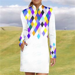 Shirts Checkered Print Autumn Golf Women's Casual Long Sleeve Dress Fitness Comfortable Long Sleeve Dress Outdoor Sports Short Dress