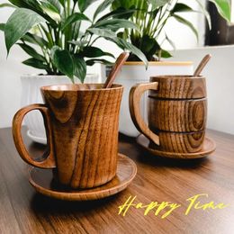 360ml Vintage Food Grade Red Jujube Wood Mugs with Tray and Spoon for Home Office Water Milk Beer Afternoon Tea Coffee Mug Set 240418