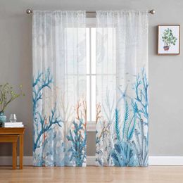 Curtain Summer Marine Coral Gradient Blue Triangle Tulle Sheer Curtains For Living Room Kitchen Children Bedroom Voile Hanging