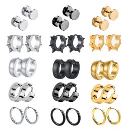 Earrings 1 Pairs Multi Types Unisex Black Gold Color Stainless Steel Earring For Women Men Punk Gothic Piercing Fake Earrings Jewelry