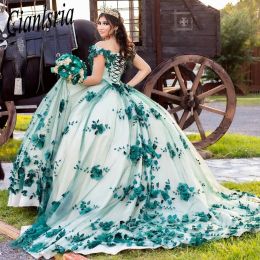 Green Ball Gown Quinceanera Dresses Lace Applique 3D Flowers Beads Sweet 15 16 Dress Party Wear Xv Anos