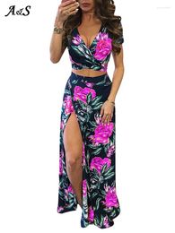 Work Dresses Women Elegant Summer Long Skirt Set Bohemian Style Sexy Hollow Out Crop Top Skirts Floral Print V-Neck Beach Dress