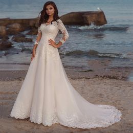 Long Wedding Dress Eleagnt Long Sleeves V Neck Lace Appliques A Line Tulle Sweep Train Bridal For Women Robe De Mariee Summer