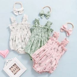 One-Pieces Infant Baby Girl's Sleeveless Jumpsuit Floral Print Elastic Bust Shoulder Straps Romper Bow Headband