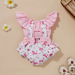 Sets Infant Baby Girls Clothes Summer Ruffle Off Shoulder T Shirt Floral Suspender Bow Overalls Fashion Style Cute Princess Bodysuits