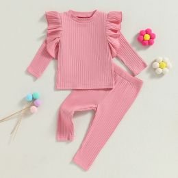 Sets Cute Fall New Baby Girls Clothes Infant Clothing Set Solid Ribbed Ruffled Long Sleeve Tops Pants 2PCS Set For Kids Casual Outfit