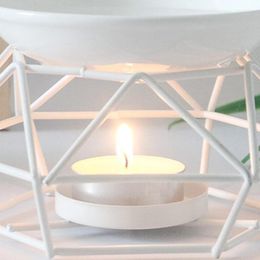 Candle Holders QX2E Metal Aromatic Oil Burner Geometric Frame Ceramic Essential Tealight Holder Wax Melt Warmer Melter Aroma Lamp