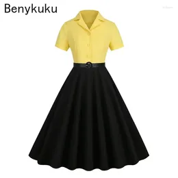 Party Dresses Yellow Black Two Tone 50s Rockabilly Cotton Dress Woman Clothes 2024 Summer Women Notched Collar Button Up Belted Formal