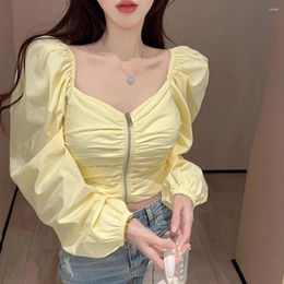 Women's Blouses French Bubble Sleeve White Shirt Spring Summer Slim Short T-shirts Zipper Ladies Chic Korean Sexy Tops Female