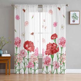 Curtain Watercolor Flowers Pink Red Carnations Mother'S Day Tulle Sheer Window Curtains For Living Room Bedroom Voile Hanging