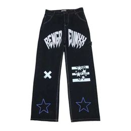 Dżinsowe dżinsy swobodne dżinsowe spodnie HARAJUUKU PRYJE HIP HOP DINSEM PONTY LIST LITUR DRUKOWANIE LUSKIE Dżinsy Women Retro High Street Oversize 240423