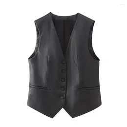 Women's Vests 2024 Autumn And Winter Casual Versatile V-neck Button Imitation Leather Fine Cut Black