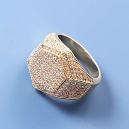 Personalized Hip Hop Men's Hexagonal New Micro Set Zircon Gold Ring