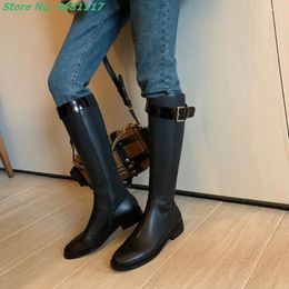 Boots Splicing Belt Buckle Knee High Zipper Round Toe Block Low Heels Casual Street Style Genuine Leather Fashion Women's Shoes