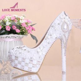 Dress Shoes Fashion White Flower Pearl Crystal Wedding Rhinestone Super High Heel Bridal Round Toe Ceremony Pumps