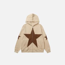 Polos American Zip Up Hoodie Jacket Y2K Grunge Vintage Star Patch Punk Gothic Loose Hooded Sweatshirt Coat Harajuku Cotton Streetwear