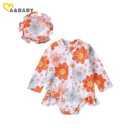 Swimwear Ma&Baby 024M Newborn Infant Toddler Baby Girl Swimwear Floral Print Long Sleeve Ruffle Swimsuit + Hat Beachwear Bathing Suit