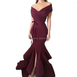 Party Dresses 1114 Burgundy V-Neck Off-The-Shoulder Mermaid/Trumpet Floor-Length Long Spandex Evening Dresses/Party Gowns