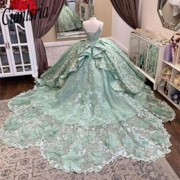 Mint Green Ball Gown Quinceanera Dress With Detached Train Spaghetti Straps 3D Flowers Corset Vestido De 15 Anos