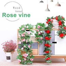Decorative Flowers Pink Rose Flower Rattan Artificial Ivy Wedding Party Wall Hanging Garland Home Garden Decoration Green Plants
