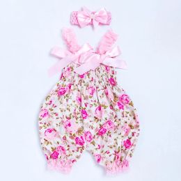 One-Pieces Summer New Girls Backless Romper Baby Laceup Bloomer Jumpsuit Newborn Infant Print Photography Costumes Props 024M