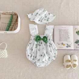 One-Pieces Summer Newborn Bodysuit Baby Jumpsuit Girls Lace Short Sleeves Floral Prints Cute Bow Romper with Hat 02yrs