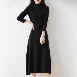 Casual Dresses Merino Wool Sweater Knitted Dress 2024 Autumn And Winter Women's Clothing Thickened Round Neck Long Knee Pullover Top