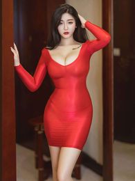 Sexy Summer Oil Shiny Women's Long Sleeve Bodycon Dresses Sheer Transparent Allure Night Club Party Exotic Miniskirt Tight Dress