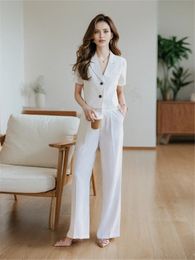 Womens Summer Thin Style White Short Sleeve Top Crop Coat Loose Casual Suit Jacket and Wide Leg Pants 2 Pieces Pantssuit Sets 240410