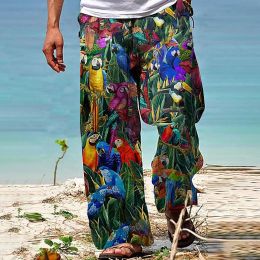 Pants Hawaiian Loose Pants Baggy Trousers Mens Cotton Faux Linen Pants Wide Leg Pants Beach Streetwear Parrot Animal 3d Print Jersey