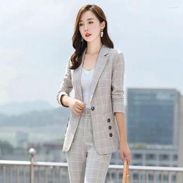 Women's Two Piece Pants Fashion Casual Blazer Women Business Suits Pant And Jacket Sets Ladies Work Pantsuits Office Uniform Apricot Plaid