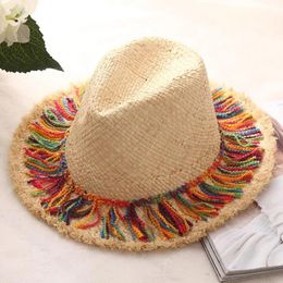 Fashion Womens Wide Brim Straw Hat Summer Style Raffia Floppy Foldable Frayed Chapeau Paille Beach Panama Sun Hats 240423