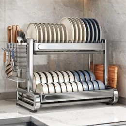 Kitchen Storage 304 Stainless Steel Dish Rack Multi-functional Drain Holder Countertop Dishes And Cups Multi-layer Shelf J