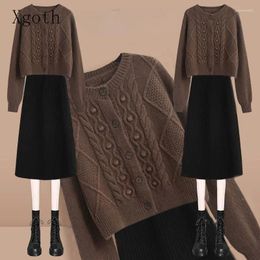 Work Dresses Xgoth Ins Winter Women's Skirt Set Korean Fashion Vintage Simple Cardigans Tops Slim Mid-calf Skirts Pure Sexy Two-piece Suit