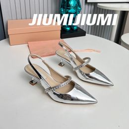 JIUMIJIUMI Handmade Leather Pointed-Toe Kitten Heel Woman Sandals Crystal Decora Party Shoes Stilettos Woman Mary Janes 240419
