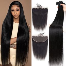 28 30 32 Inch Bone Straight 3 Bundles with 13x4 Transparent Lace Closure Front Brazilian Virgin Human Hair s for Women 240408