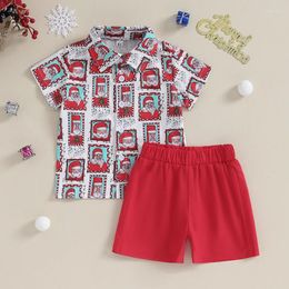 Clothing Sets Kids Toddler Baby Boy Christmas Clothes Santa Cartoon Print Short Sleeve Button Down Shirt Bib Shorts Set Gentleman Outfits