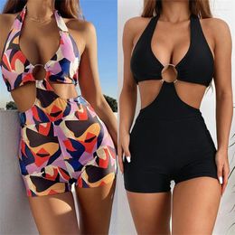 Women's Swimwear 2024 Sexy One Piece Swimsuit Women Black Colorful Print Halter High Waist Bathing Suit Beachwear Maillot De Bain Femme