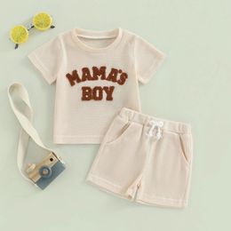 Clothing Sets Summer Baby Boy 2 Piece Waffle Outfits Short Sleeve Letter Embroidery T Shirt Tops Elastic Waist Shorts Toddler Mother's Set