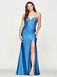 Party Dresses Gorgeous Sweetheart Neckline With Thin Sleeveless Strap Satin Sheath Evening Dress Open Lace Up Back High Slit Sweep Train