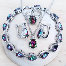 Bracelets Silver 925 Women Bridal Jewellery Sets Wedding Costume Jewellery Rainbow Cubic Zirconia Earrings Rings Bracelets Pendant Necklace