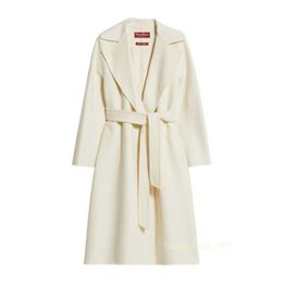 Designer Coats Cashmere Coats Luxury Coats Maxmaras Womens White Wool Cashmere Wide Lapel Waist Tied Bathrobe Style Coat Jacket