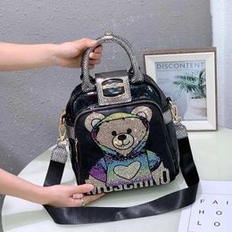 Shoulder Bags Cartoon Bear Rhinestone Handbag Female High Quality Sparkle Shiny Black Messenger Women Fashion Daily Bag