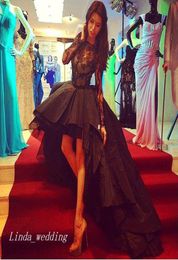 2019 Black High Low Prom Dress Sexy Long Sleeves Lace Evening Party Gown Plus Size vestidos de festa6761566