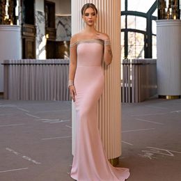 Party Dresses Modern Pink Long Sleeves Evening 2024 Women's Jewel Neck Sweep Train Prom Gowns Jersey Celebrity With Beaded